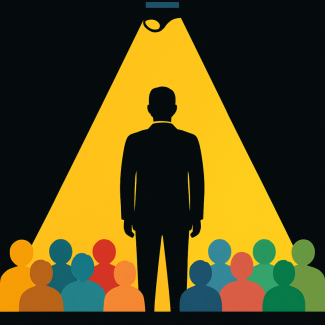 Spotlight on a figure in front of a crowd