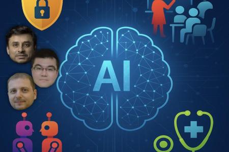 Graphic of AI with symbols for healthcare, security, multi-agent systems, and education with Perdesci, Doshi, and Liu at the bottom